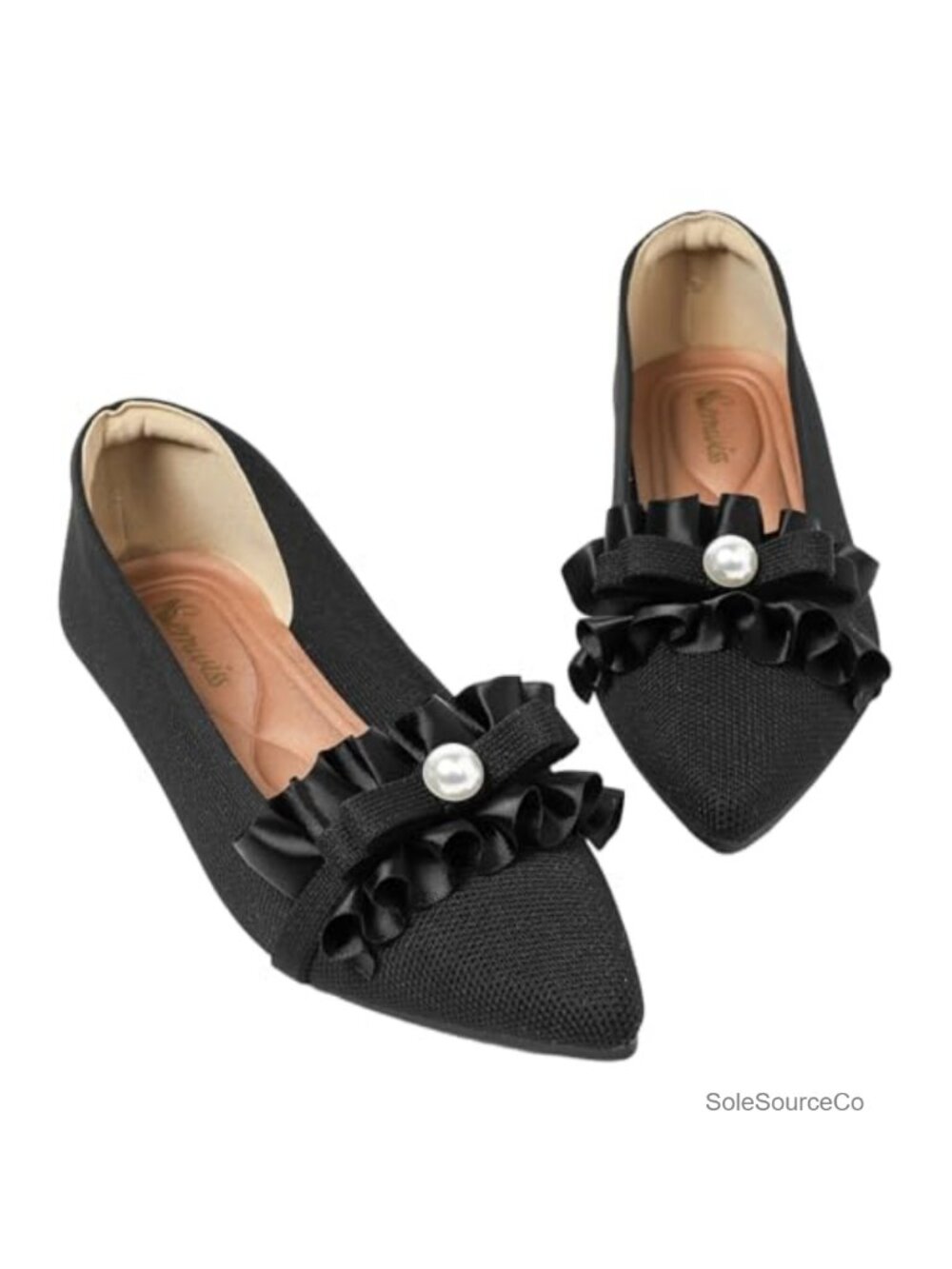 Pointed Toe Ballet Flats with Pearl Bow Cushioned Non-Slip Dressy Work Shoes